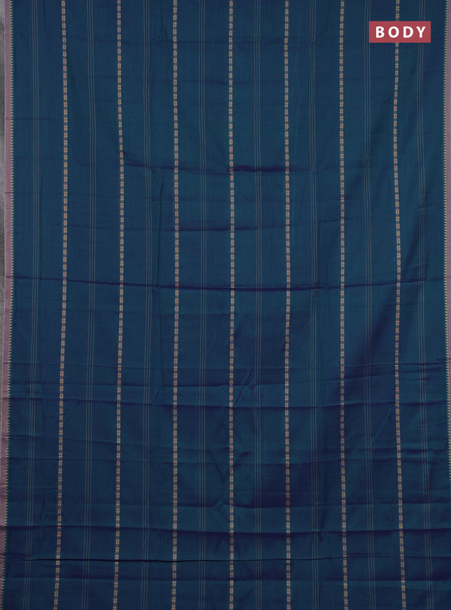 Narayanpet cotton saree dual shade of bluish green and beige with allover thread stripe pattern and temple design simple border