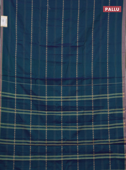 Narayanpet cotton saree dual shade of bluish green and beige with allover thread stripe pattern and temple design simple border