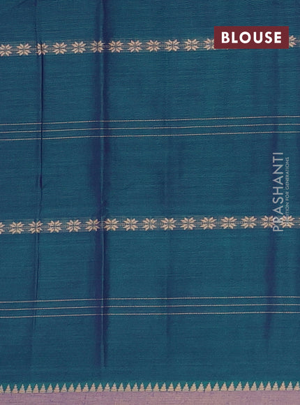 Narayanpet cotton saree dual shade of bluish green and beige with allover thread stripe pattern and temple design simple border