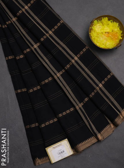 Narayanpet cotton saree black and sandal with allover thread stripe pattern and temple design simple border