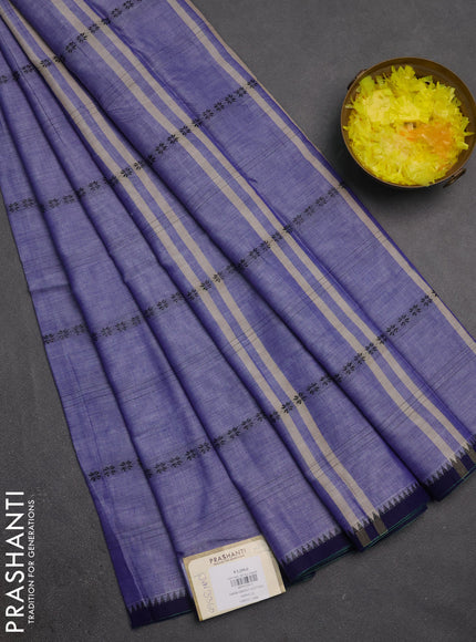 Narayanpet cotton saree pastel violet and navy blue with allover thread stripe pattern and temple design simple border