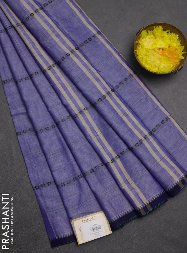 Narayanpet cotton saree pastel violet and navy blue with allover thread stripe pattern and temple design simple border