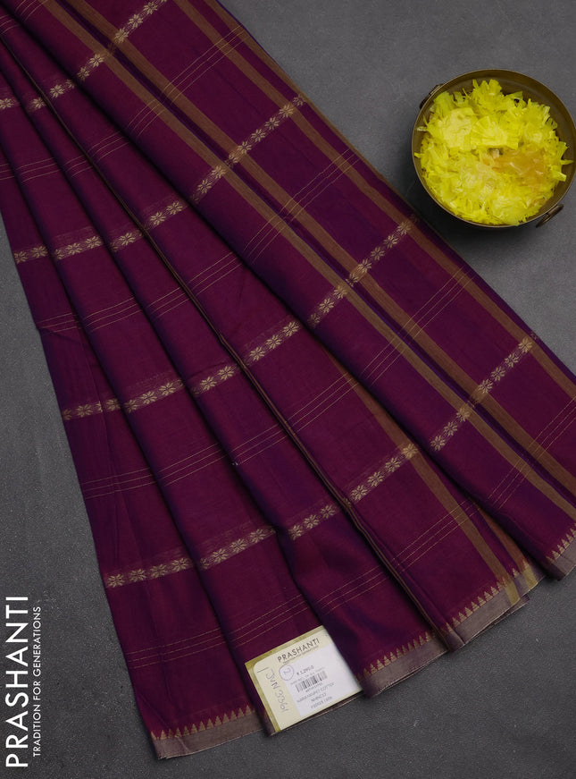 Narayanpet cotton saree magenta pink and dark beige with allover thread stripe pattern and temple design simple border