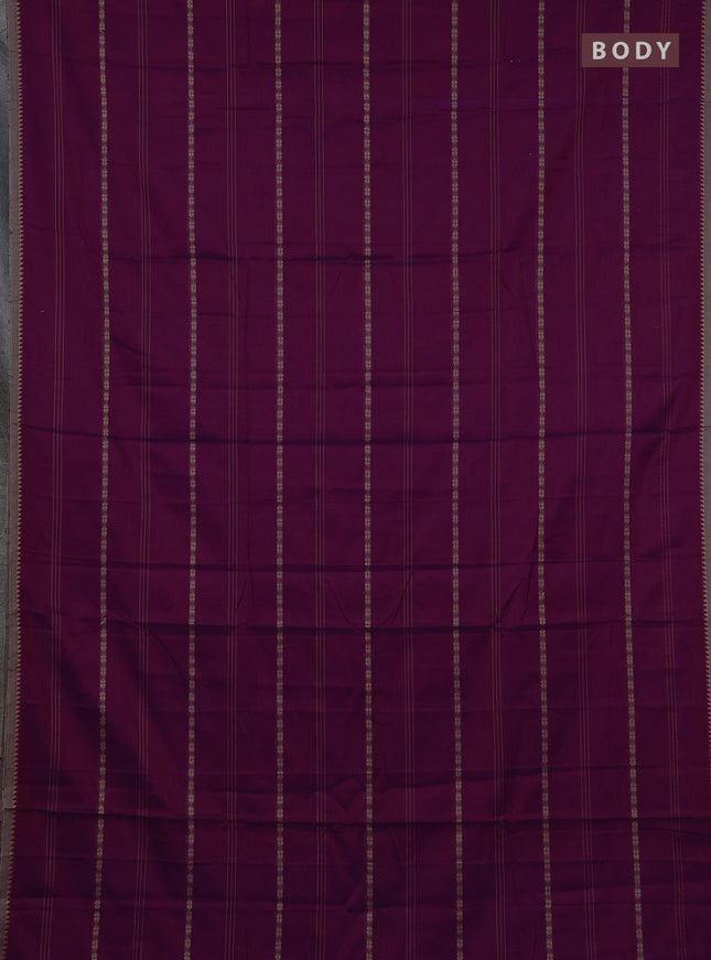 Narayanpet cotton saree magenta pink and dark beige with allover thread stripe pattern and temple design simple border