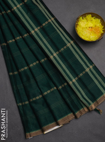 Narayanpet cotton saree bottle green and dark beige with allover thread stripe pattern and temple design simple border