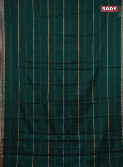 Narayanpet cotton saree bottle green and dark beige with allover thread stripe pattern and temple design simple border