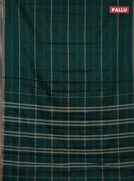 Narayanpet cotton saree bottle green and dark beige with allover thread stripe pattern and temple design simple border