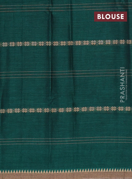 Narayanpet cotton saree bottle green and dark beige with allover thread stripe pattern and temple design simple border