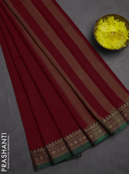 Narayanpet cotton saree maroon and green with plain body and thread woven border