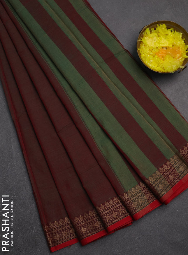 Narayanpet cotton saree manthulier green and maroon with plain body and thread woven border