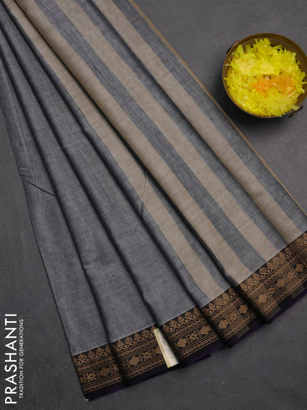 Narayanpet cotton saree grey and black with plain body and thread woven border