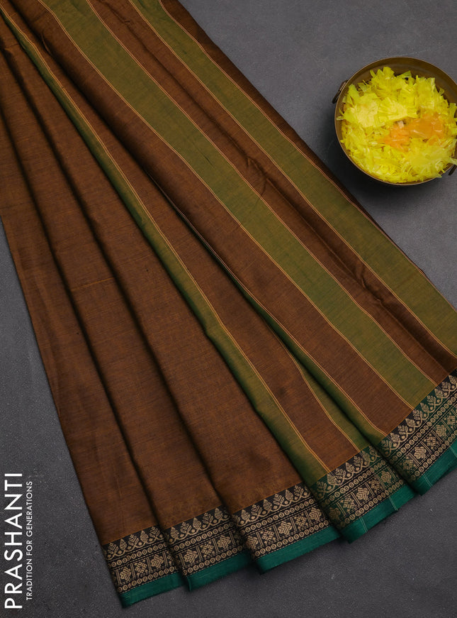 Narayanpet cotton saree dark mustard and green with plain body and thread woven border