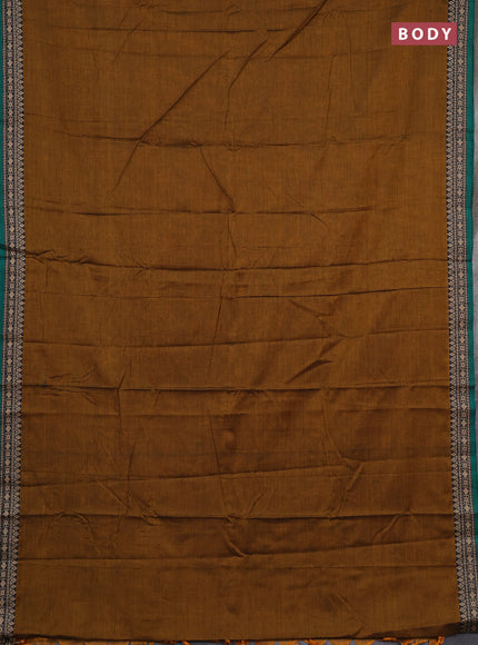 Narayanpet cotton saree dark mustard and green with plain body and thread woven border