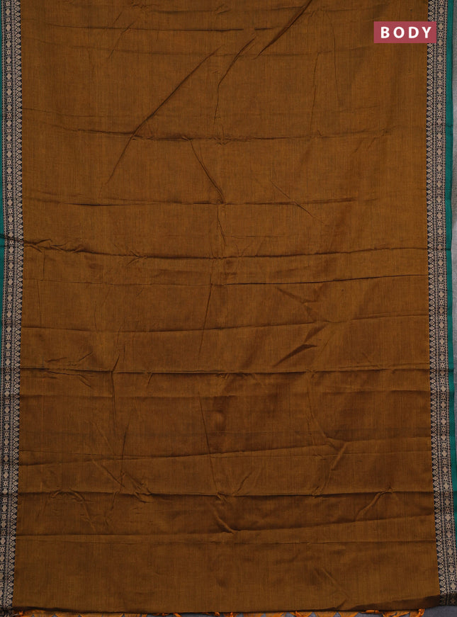 Narayanpet cotton saree dark mustard and green with plain body and thread woven border