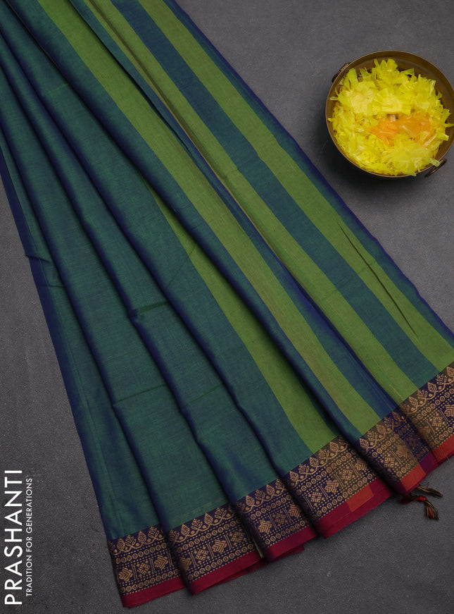 Narayanpet cotton saree dual shade of bluish green and magenta pink with plain body and thread woven border