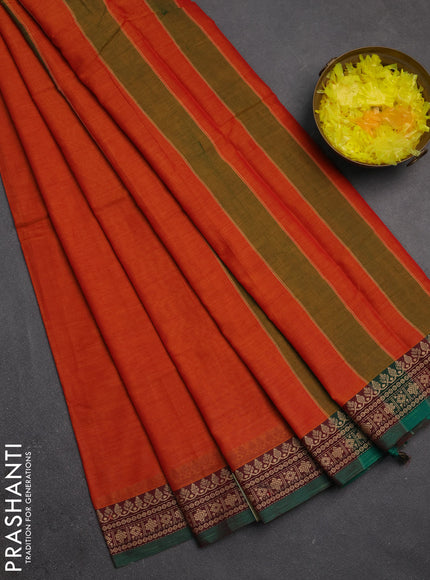 Narayanpet cotton saree sunset orange and green with plain body and thread woven border