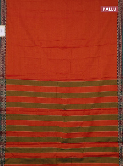 Narayanpet cotton saree sunset orange and green with plain body and thread woven border