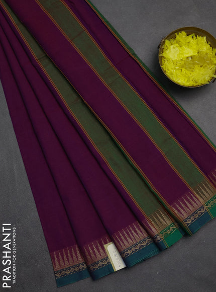 Narayanpet cotton saree magenta pink and green with plain body and temple design thread woven border