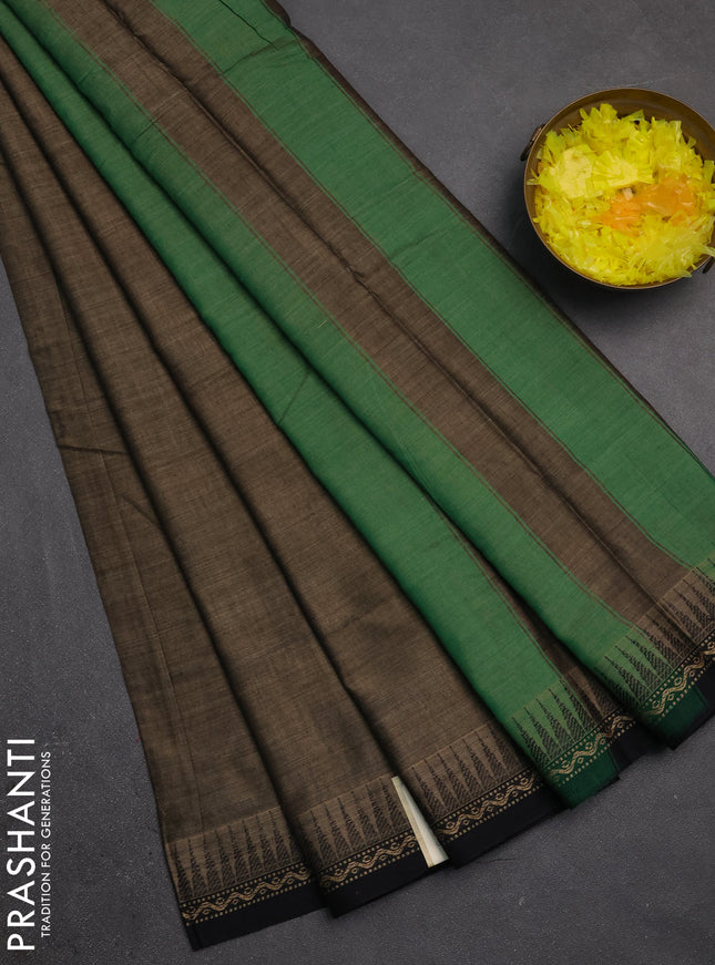Narayanpet cotton saree chikku shade and black with plain body and temple design thread woven border