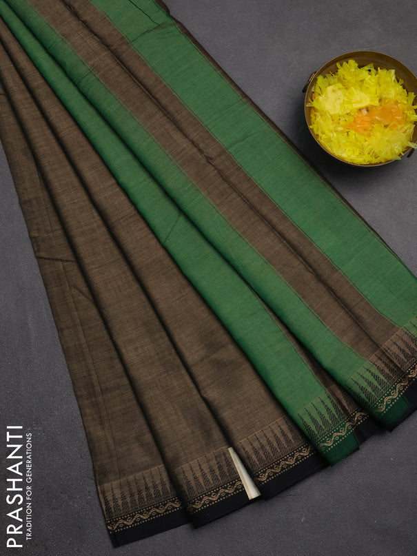 Narayanpet cotton saree chikku shade and black with plain body and temple design thread woven border