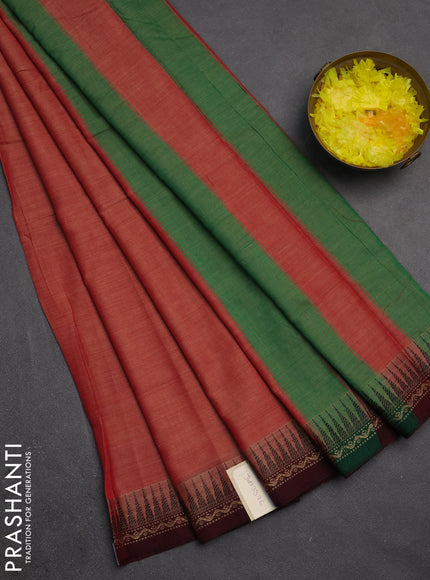 Narayanpet cotton saree red and maroon with plain body and temple design thread woven border