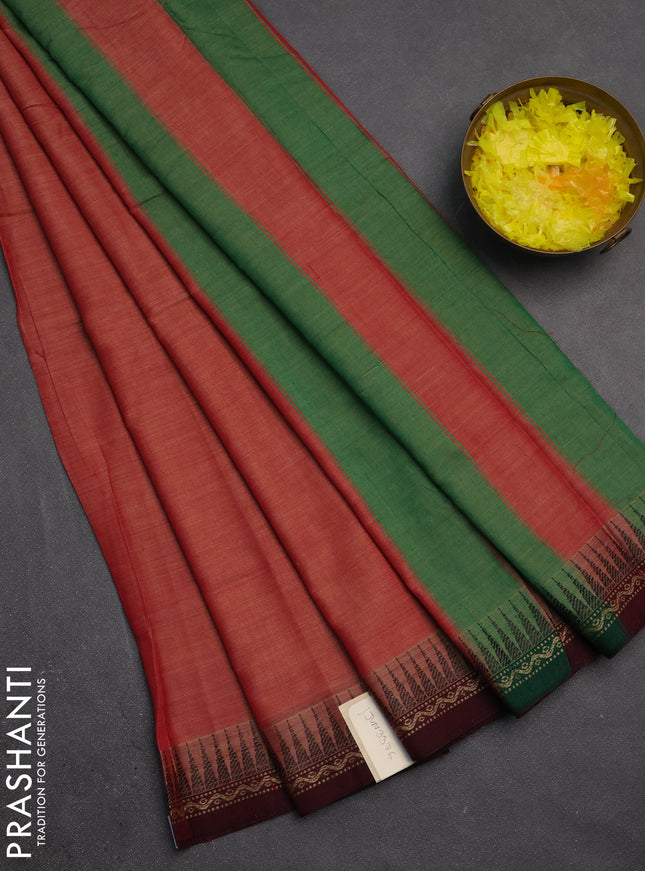 Narayanpet cotton saree red and maroon with plain body and temple design thread woven border