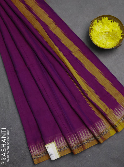 Narayanpet cotton saree magenta pink and mustard yellow with plain body and temple design thread woven border