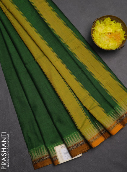 Narayanpet cotton saree light green and mustard yellow with plain body and temple design thread woven border