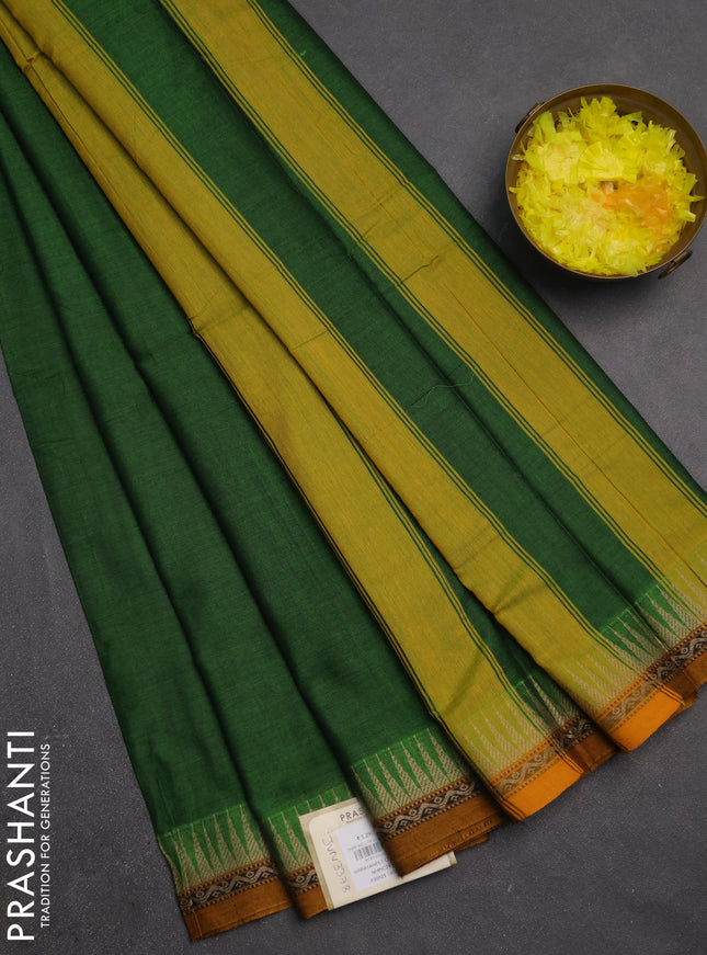 Narayanpet cotton saree light green and mustard yellow with plain body and temple design thread woven border