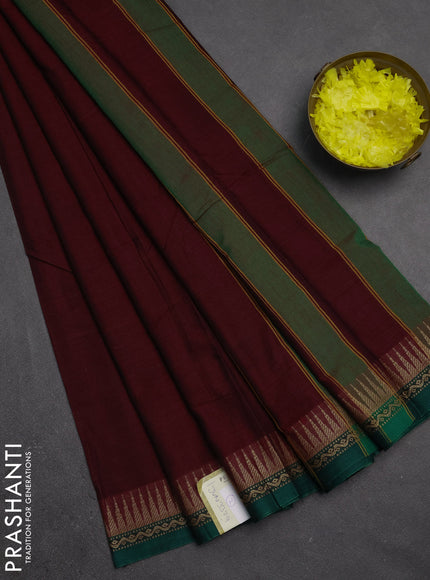 Narayanpet cotton saree deep maroon and green with plain body and temple design thread woven border