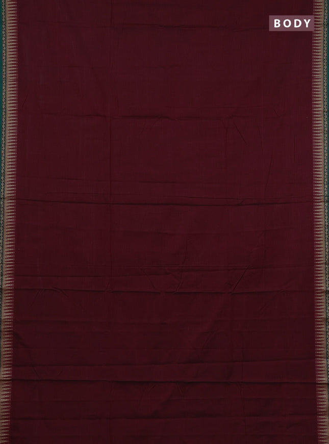 Narayanpet cotton saree deep maroon and green with plain body and temple design thread woven border