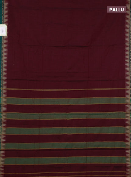 Narayanpet cotton saree deep maroon and green with plain body and temple design thread woven border