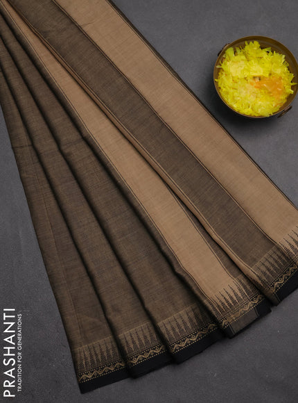 Narayanpet cotton saree chikku shade and black with plain body and temple design thread woven border