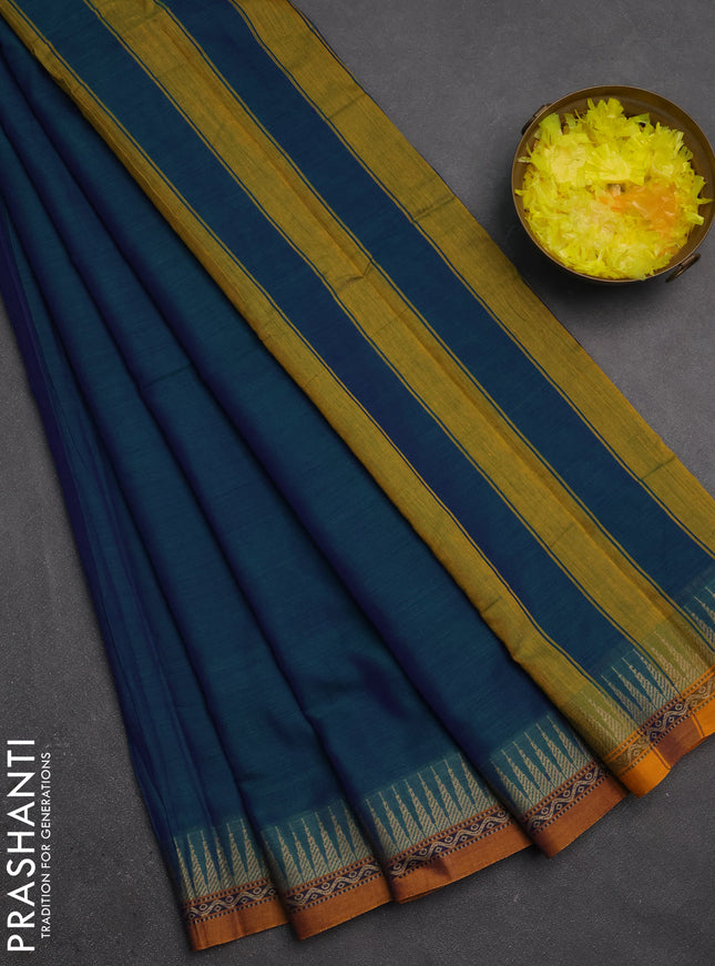 Narayanpet cotton saree dual shade of bluish green and mustard yellow with plain body and temple design thread woven border