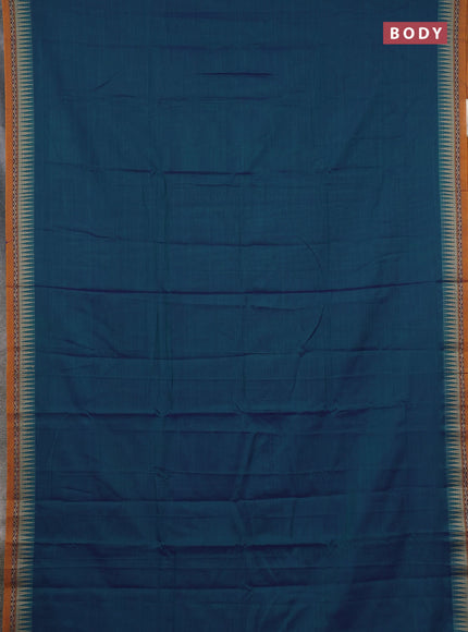 Narayanpet cotton saree dual shade of bluish green and mustard yellow with plain body and temple design thread woven border