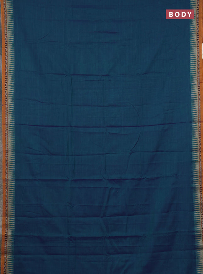 Narayanpet cotton saree dual shade of bluish green and mustard yellow with plain body and temple design thread woven border