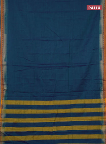 Narayanpet cotton saree dual shade of bluish green and mustard yellow with plain body and temple design thread woven border