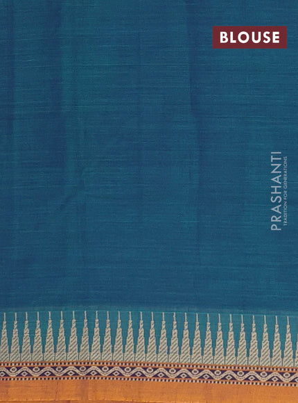 Narayanpet cotton saree dual shade of bluish green and mustard yellow with plain body and temple design thread woven border