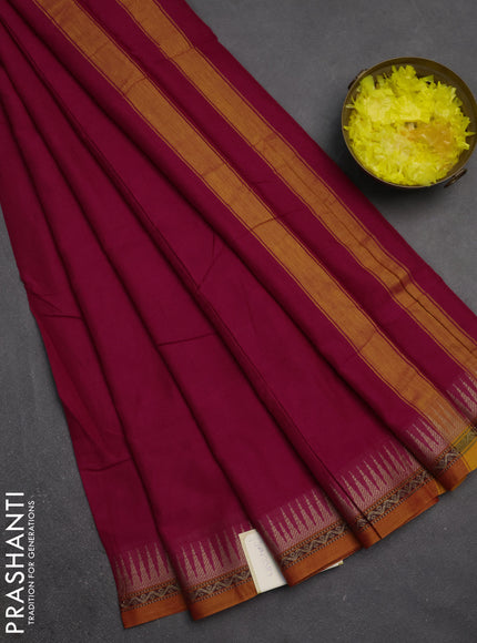 Narayanpet cotton saree dark pink and orange with plain body and temple design thread woven border