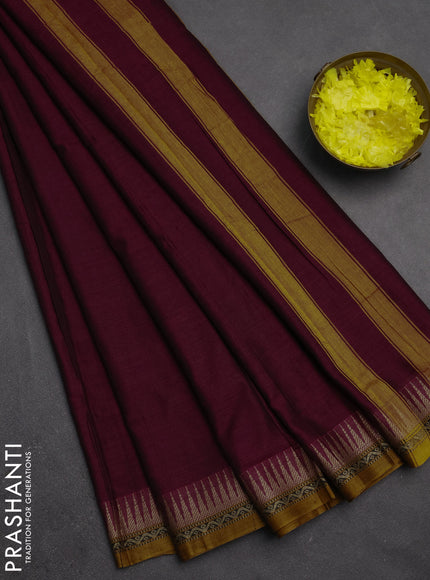 Narayanpet cotton saree dark magenta pink and mustard yellow with plain body and temple design thread woven border