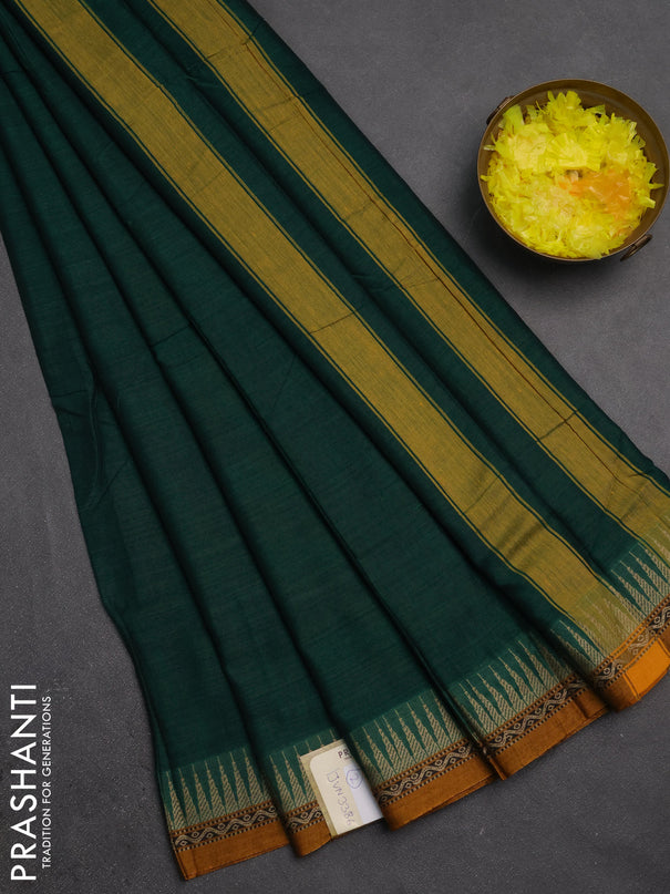 Narayanpet cotton saree green and mustard yellow with plain body and temple design thread woven border