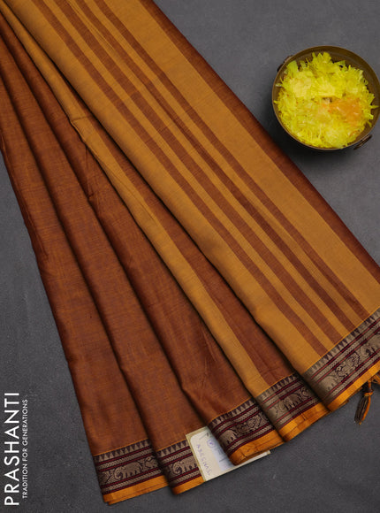 Narayanpet cotton saree dark mustard with plain body and temple design thread woven border