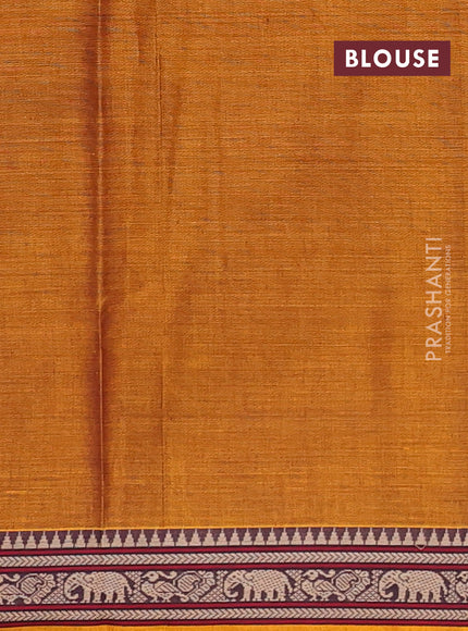 Narayanpet cotton saree dark mustard with plain body and temple design thread woven border