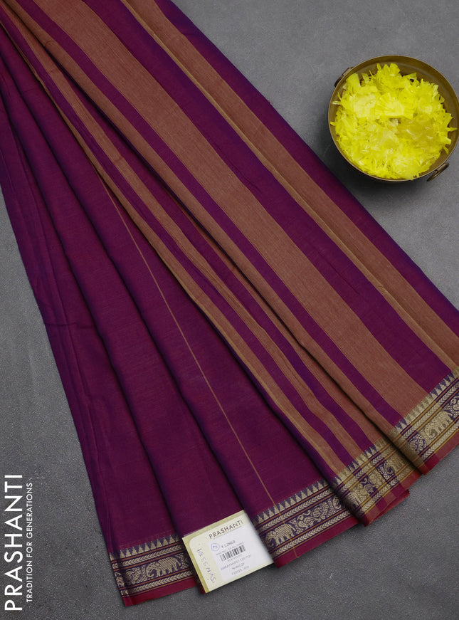 Narayanpet cotton saree magenta pink with plain body and temple design thread woven border