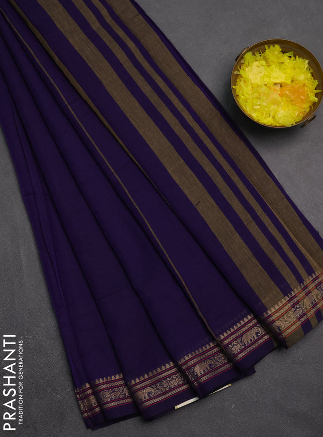 Narayanpet cotton saree violet with plain body and temple design thread woven border
