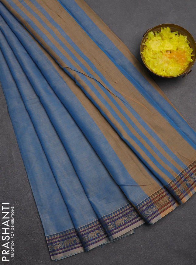 Narayanpet cotton saree pastel blue with plain body and temple design thread woven border