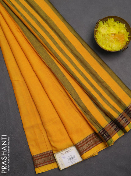 Narayanpet cotton saree yellow with plain body and temple design thread woven border