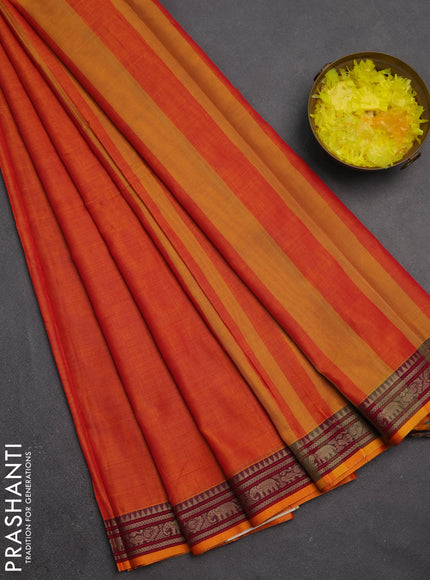 Narayanpet cotton saree orange with plain body and temple design thread woven border