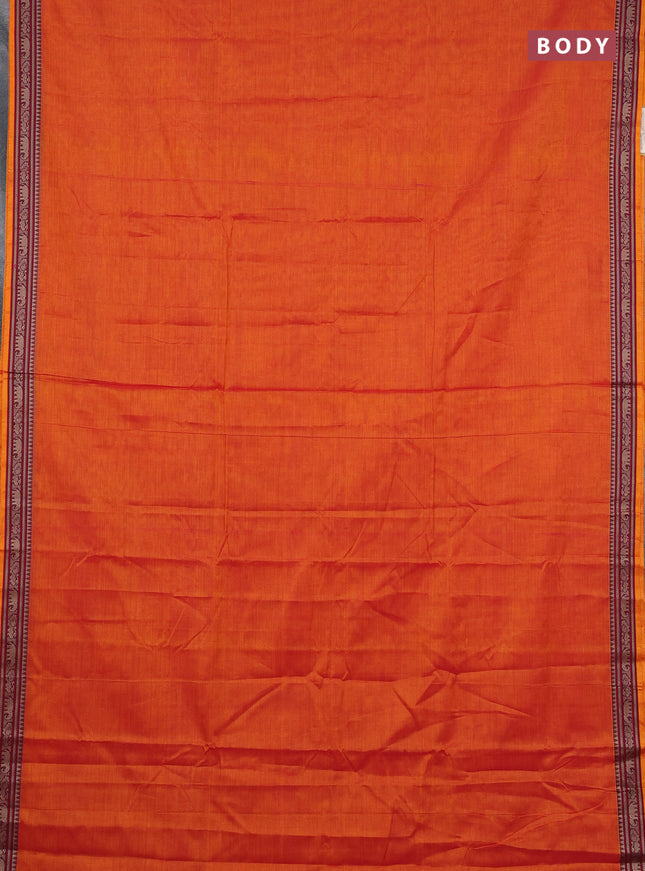 Narayanpet cotton saree orange with plain body and temple design thread woven border