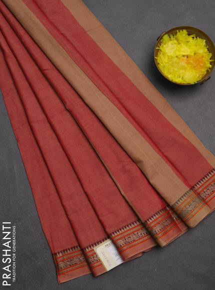 Narayanpet cotton saree red with plain body and temple design thread woven border